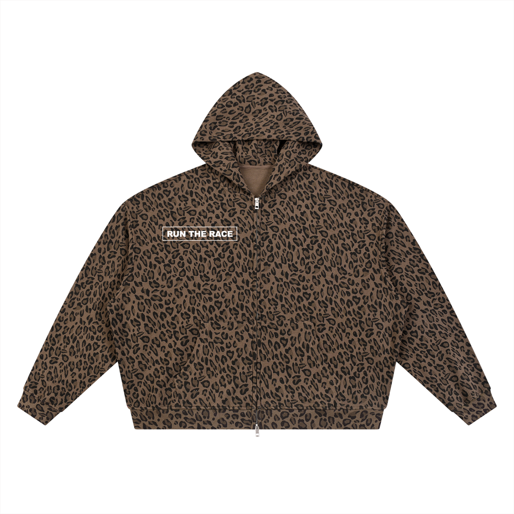 RTR APPAREL - Leopard Print Waffle Full Zip Hoodie